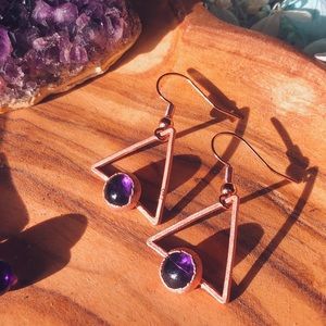 amethyst crystal copper triangle hoop ear rings handmade